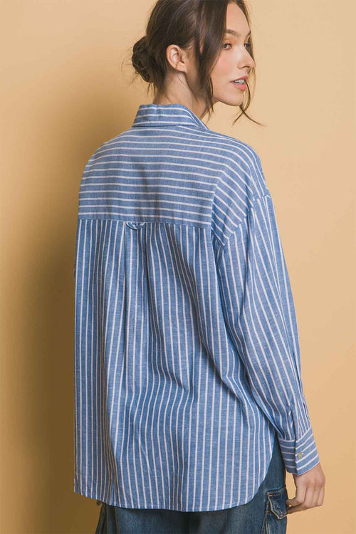 Blue Stripe Linen Shorts Set back