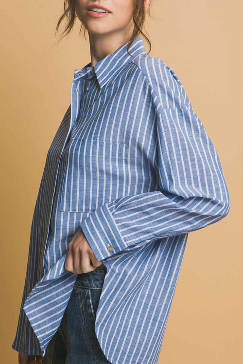 Blue Stripe Linen Shorts Set side