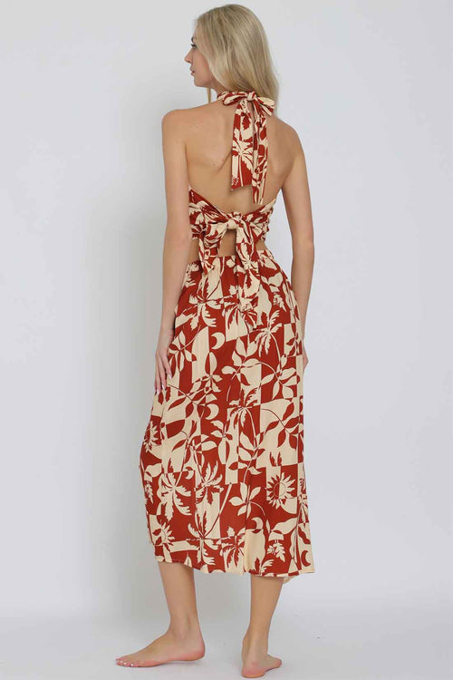 Rust Tan Halter Tie Skirt Set back
