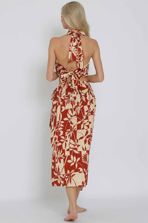 Rust Tan Halter Tie Skirt Set back