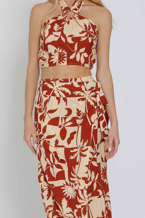Rust Tan Halter Tie Skirt Set detail