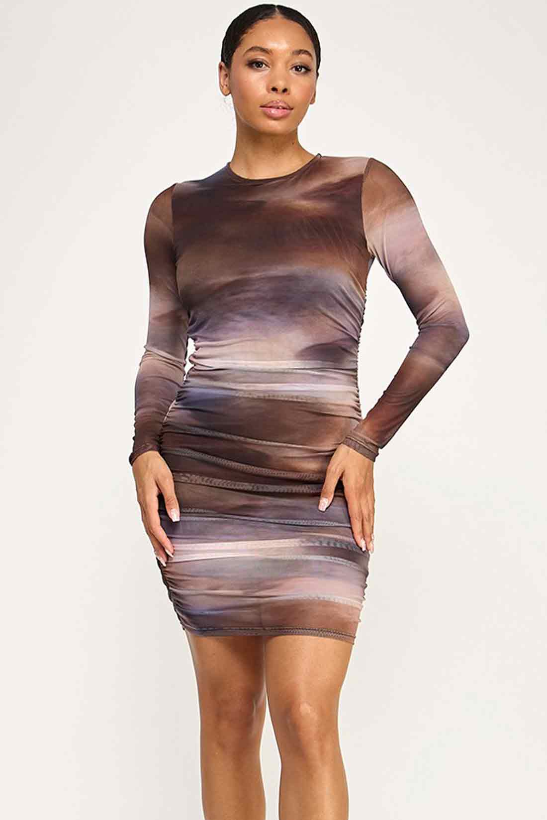 Brown Mesh Long Sleeve Mini Dress M