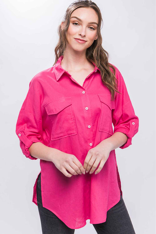 Patricia Fuchsia Pocket Linen Shirt front