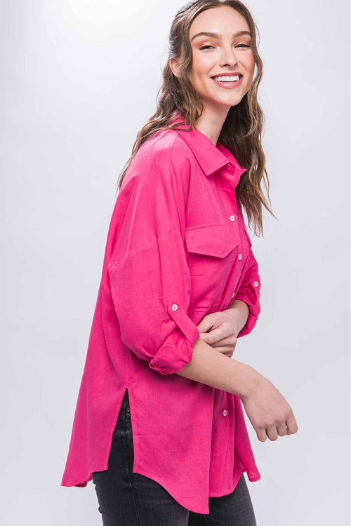 Patricia Fuchsia Pocket Linen Shirt side