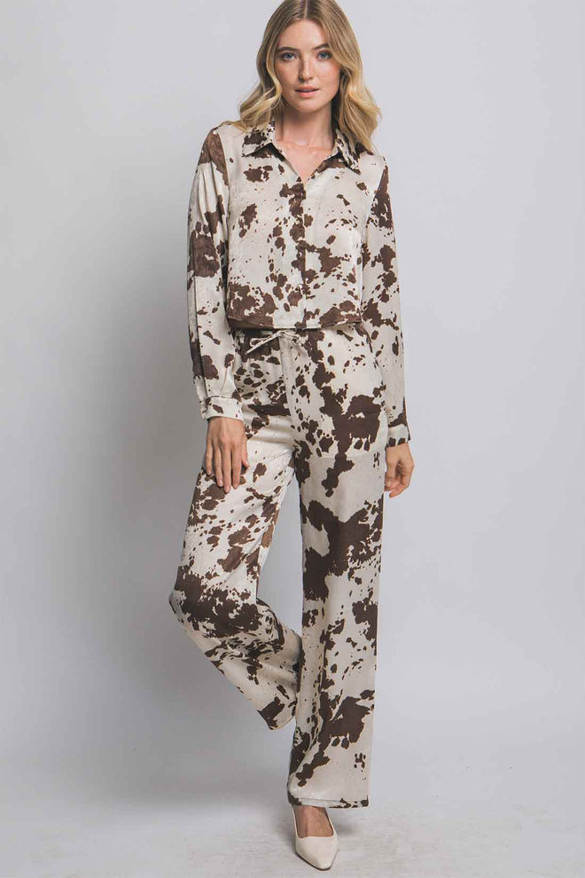 Brown Cow Printed Pants Set