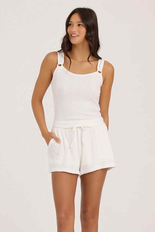 White Novelty Rib Tank Shorts Set