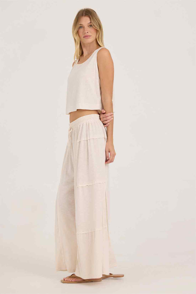 Cream Textured Slub Pants Set side