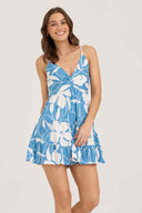 Blue Floral Printed Knot Mini Dress