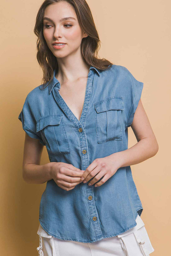 Chloe Denim Woven Short Sleeve Shirt