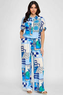 Blue Printed Stamps Pants Set