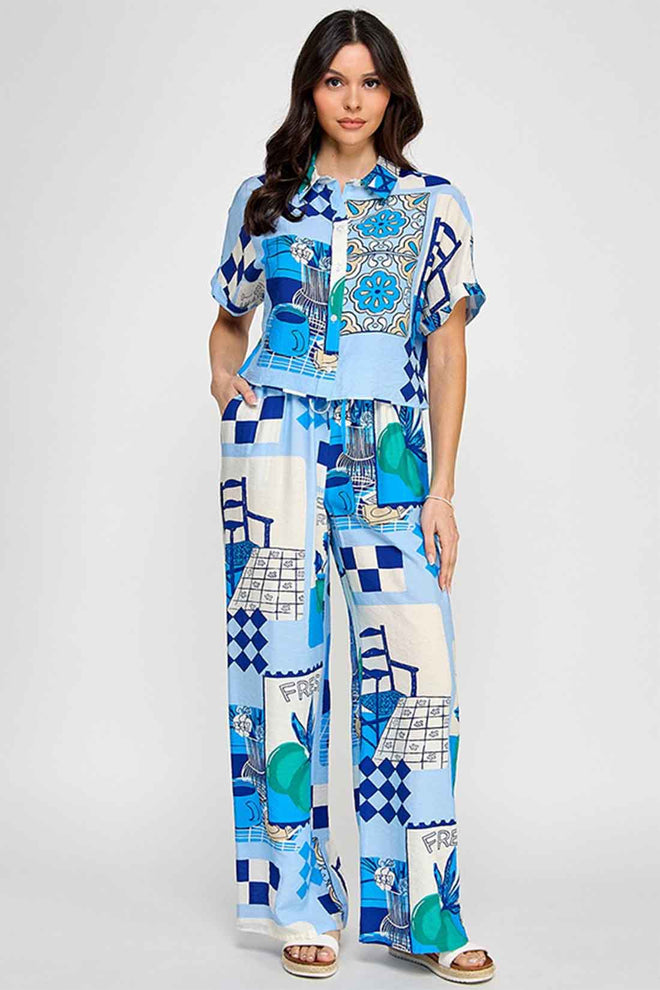 Blue Printed Stamps Pants Set