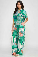 Teal Printed Stamps Pants Set side