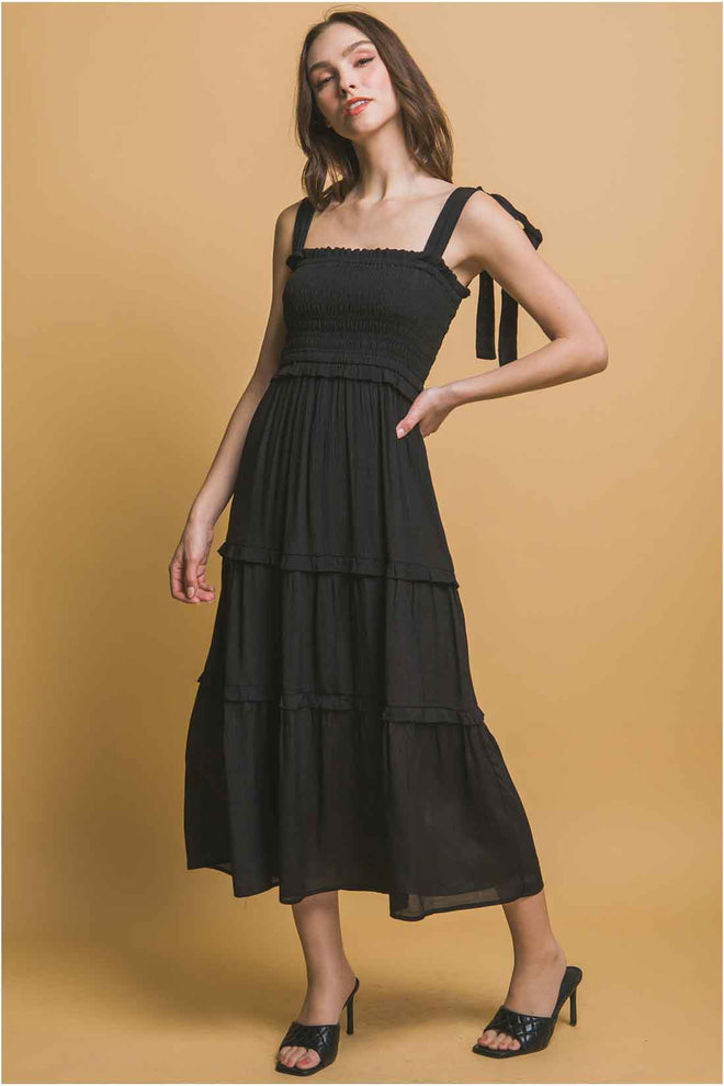 Black Pleated Midi Dress front