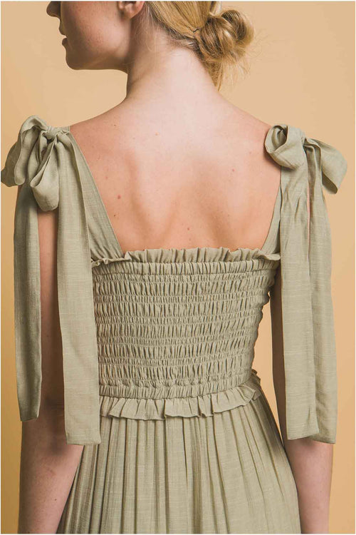 Sage Pleated Midi Dress back detail