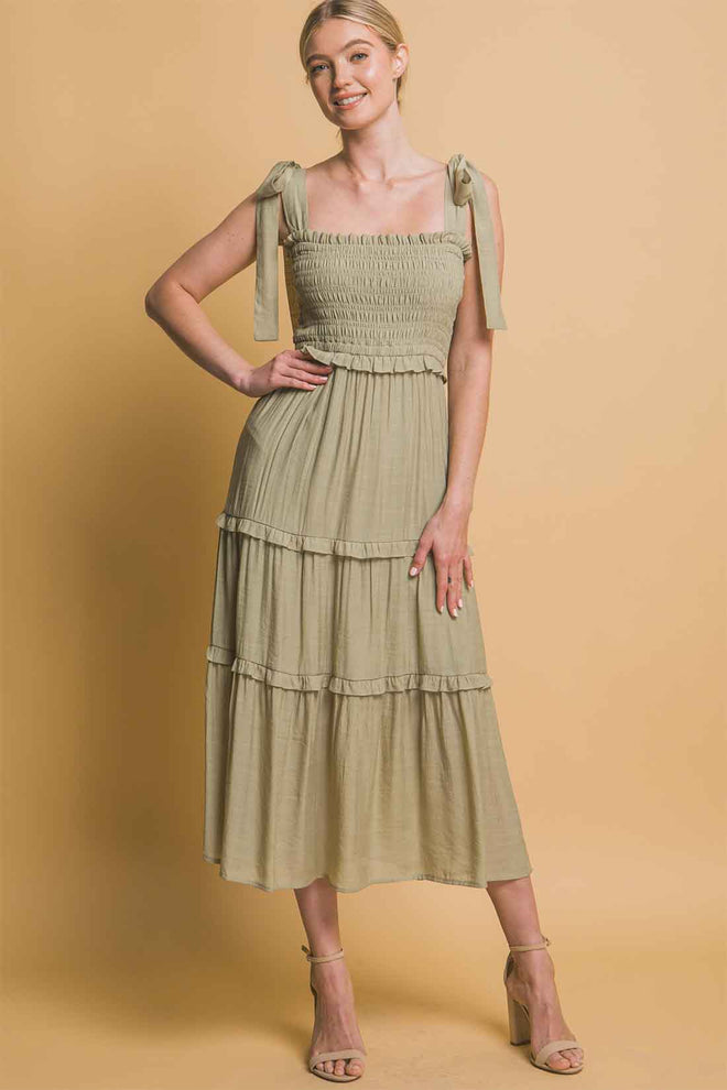 Sage Pleated Midi Dress front