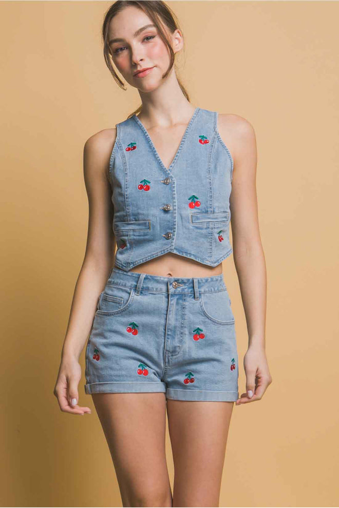Cherry Light Denim Shorts Set