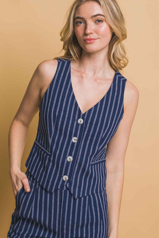 Navy Stripe Vest Shorts Set