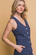 Navy Stripe Vest Shorts Set side