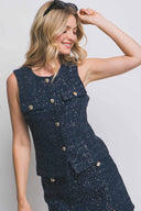 Navy Sequin Tweed Shorts Set front