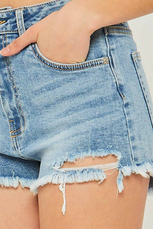 Zoe Light Blue Frayed Hem Denim Shorts detail