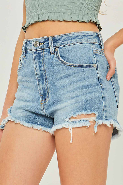 Zoe Light Blue Frayed Hem Denim Shorts side