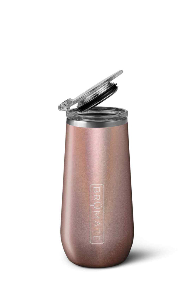 Rose gold insulated tumbler with a clear lid on a white background