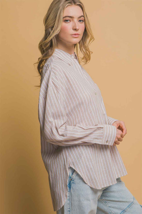 Khaki Stripe Linen Shorts Set side