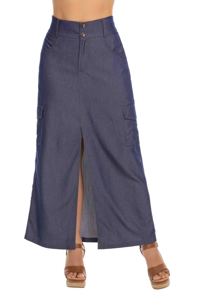 Long denim skirt with a front slit on a white background