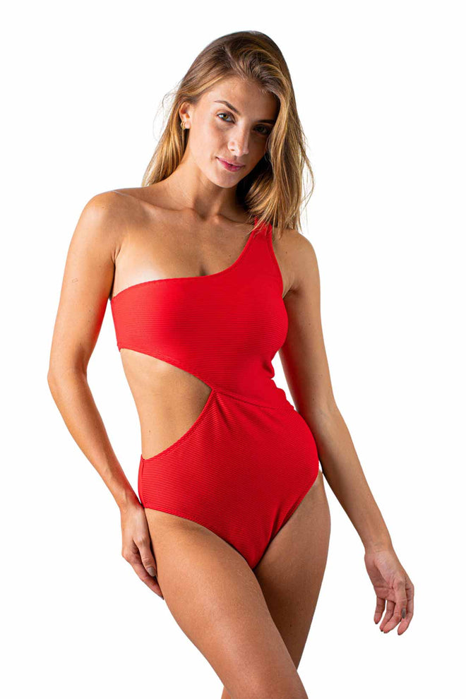 Cherry Ribbed One Shoulder One Piece