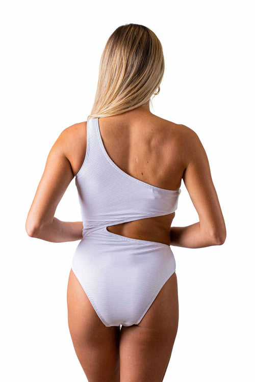 White Ribbed One Shoulder One Piece back