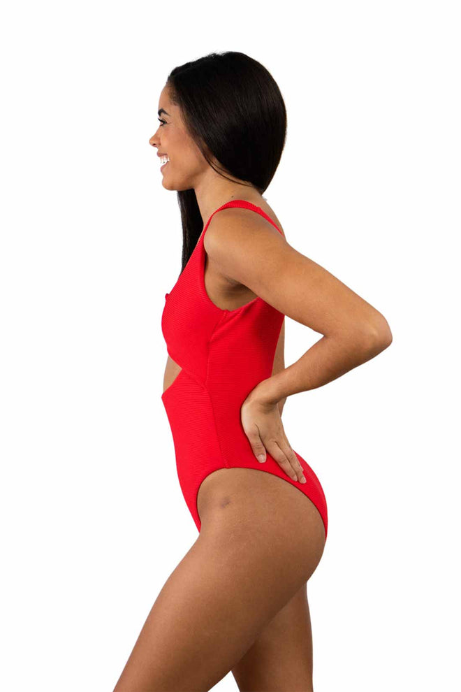 Cherry Ribbed V Front One Piece side