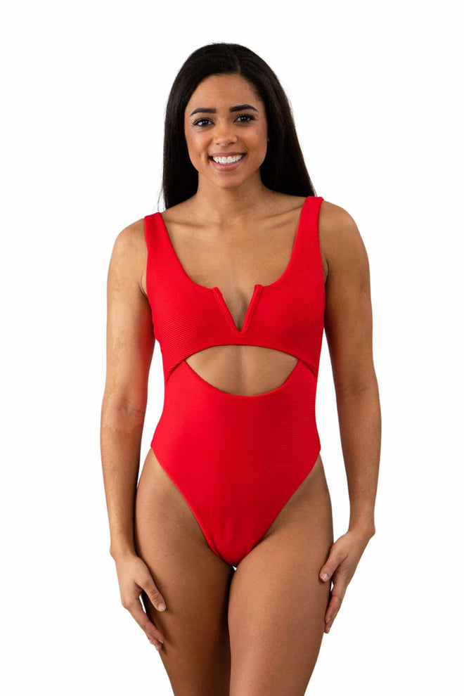Cherry Ribbed V Front One Piece