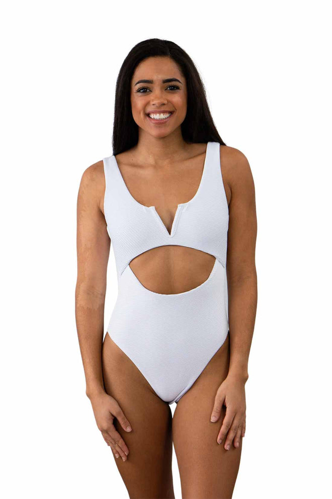 White Ribbed V Front One Piece