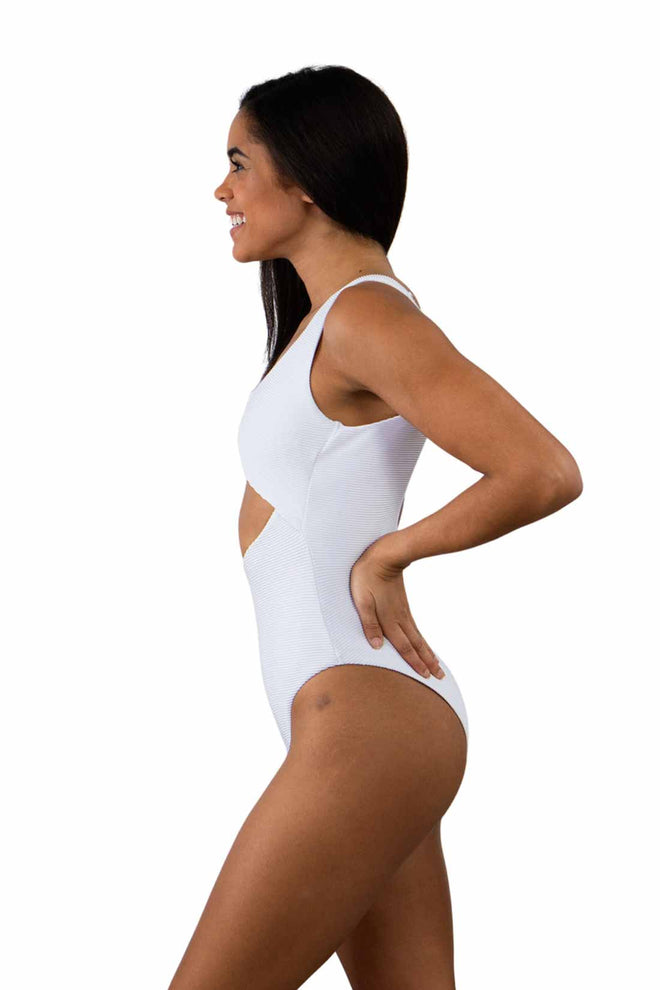 White Ribbed V Front One Piece side