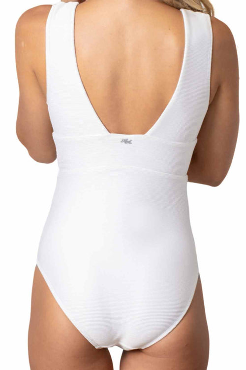 White Plunge Neckline One Piece back