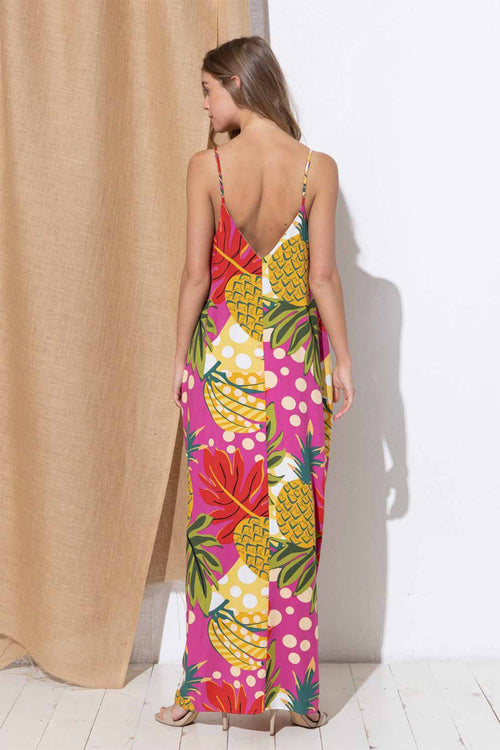 Olivia Fuchsia Tropical Print Maxi Dress back