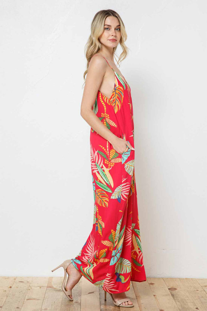 Anna Red Leaves Print Maxi Dress side
