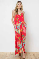 Anna Red Leaves Print Maxi Dress