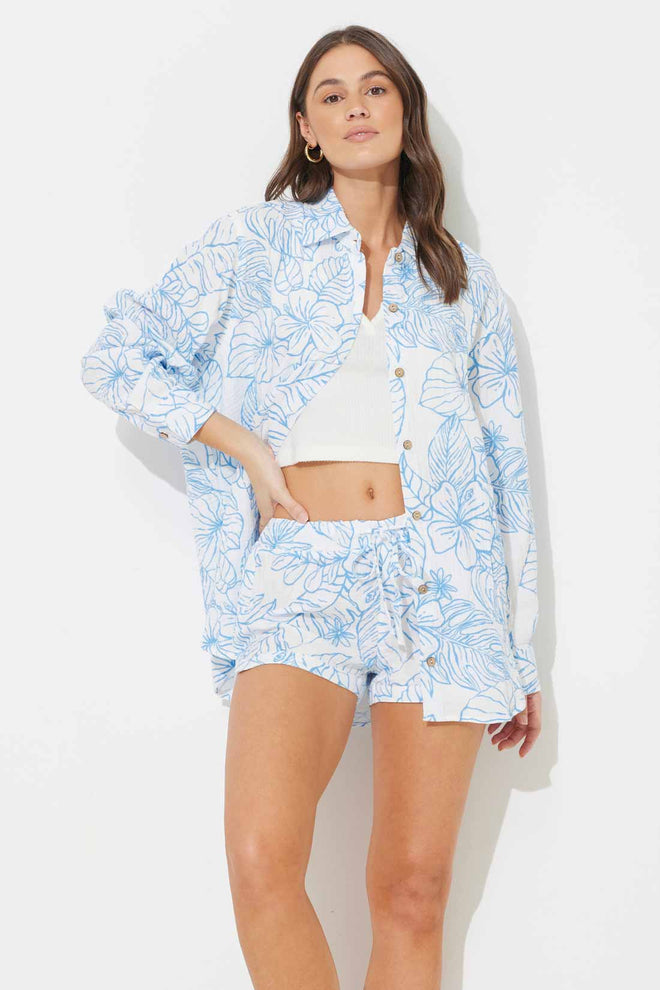 Ocean Blue Printed Gauze Shorts Set