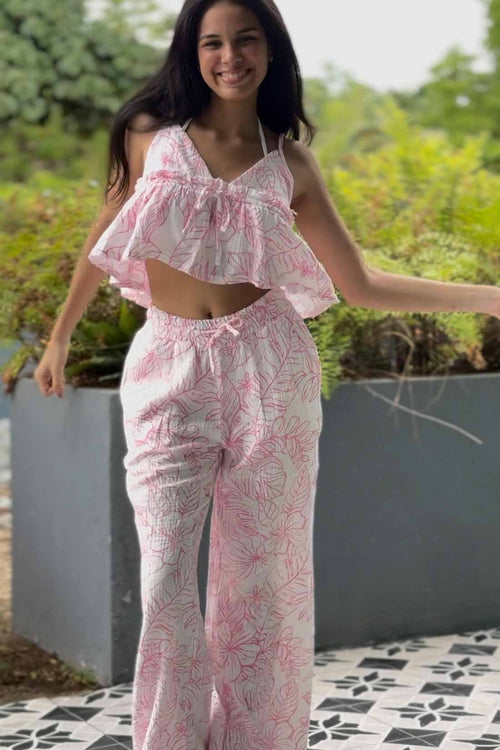 Hot Pink Printed Gauze Pants Set