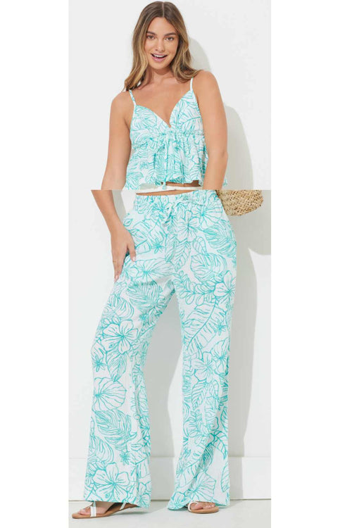 Teal Green Printed Gauze Pants Set