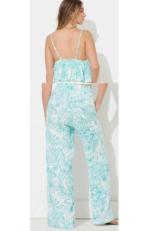 Teal Green Printed Gauze Pants Set