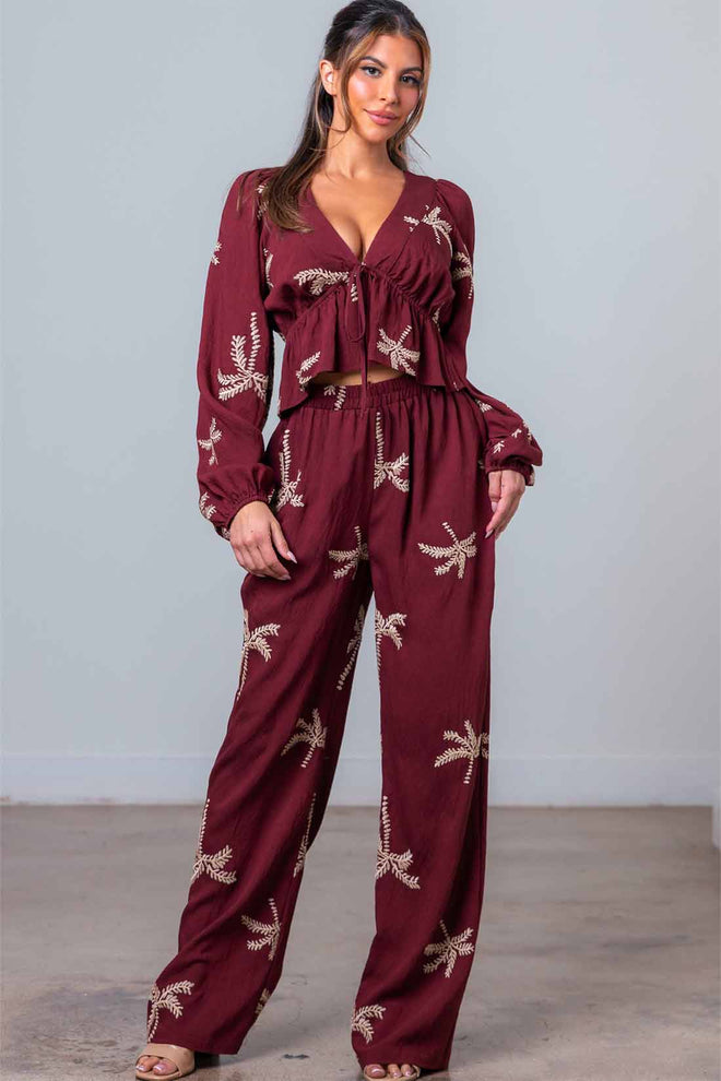 Burgundy Embroidered Palm Pants Set