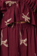 Burgundy Embroidered Palm Pants Set detail