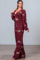 Burgundy Embroidered Palm Pants Set side