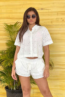 White Floral Eyelet Shirt Shorts Set