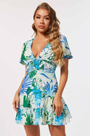 Belinda Green Tropical Print Mini Dress