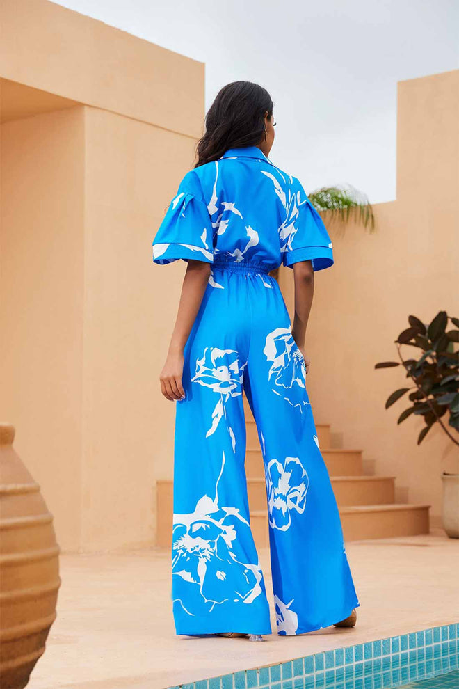 Alana Blue Printed Puffy Sleeves Jumpsuit back