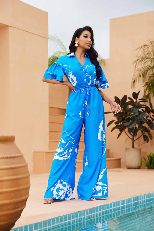 Alana Blue Printed Puffy Sleeves Jumpsuit