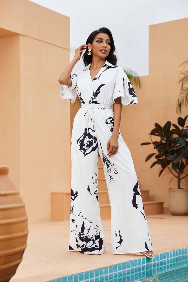 Alana White Printed Puffy Sleeves Jumpsuit